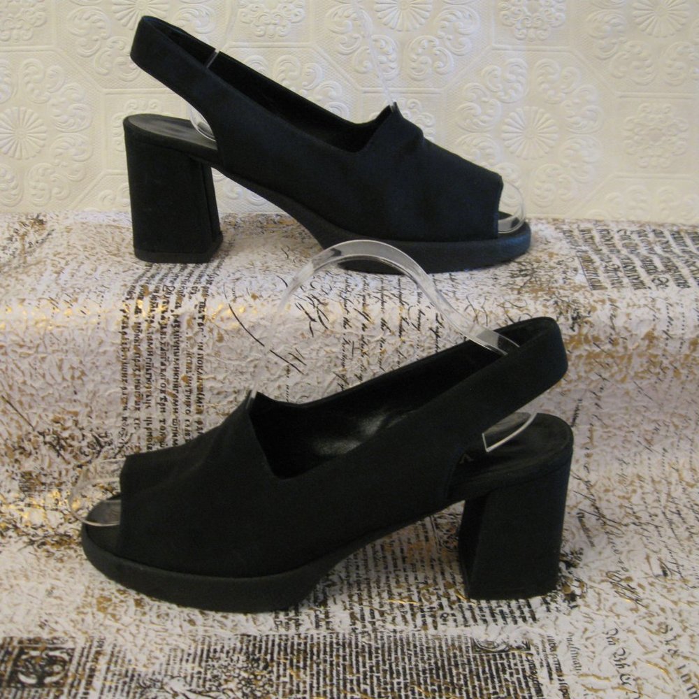 Retro Varda 9 / 39 Slingback Platform Shoes Block Heels Stretch Fabric Italian